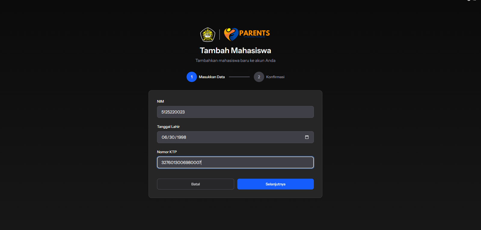Form Tambah Mahasiswa Parents